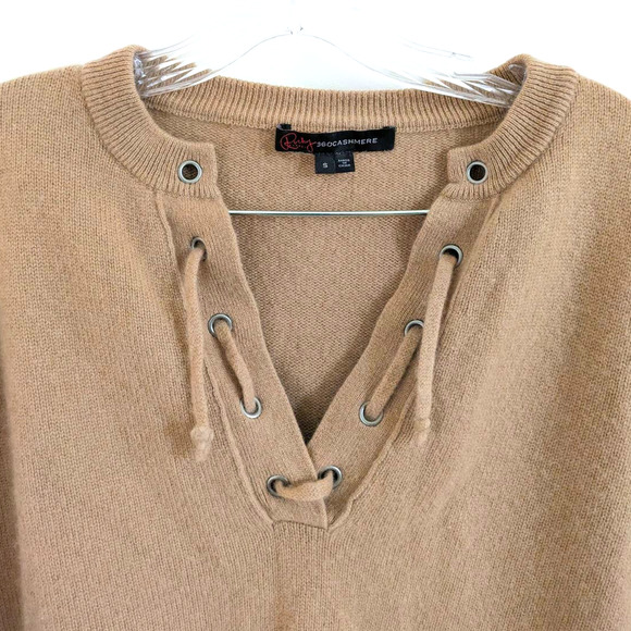 360 Cashmere x Rocky Barnes 100% Cashmere Dylan Lace Up Tan Sweater Small - Picture 6 of 7